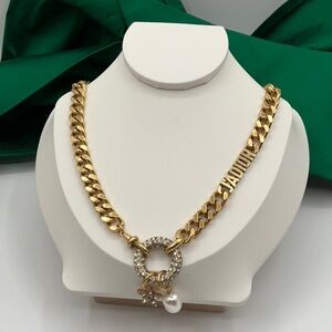 Gold Statement Necklace with Crystal Pendant